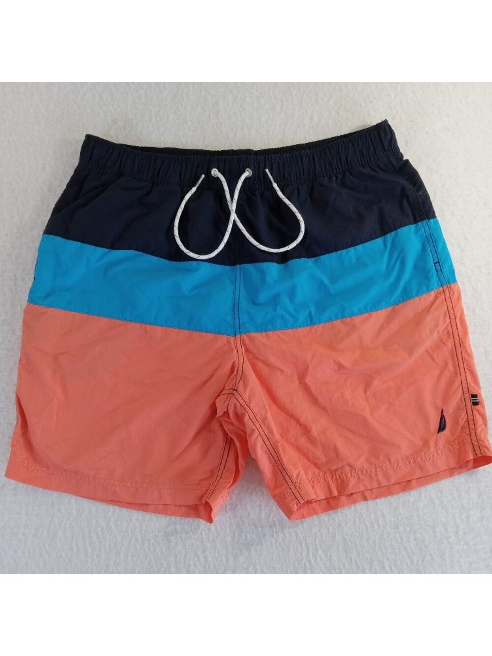 Nautica Men's L Large Colorblock Swim Trunks Board Shorts Navy Blue Aqua Coral